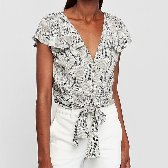 Eye-Catching Snakeskin Flutter Sleeve Tie-Front Blouse by Express XS - Picture 1 of 16